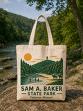 Sam A. Baker State Park canvas tote with Big Creek gravel bar swimmers horseback riders and fire tower