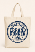 Natural canvas tote with deep navy Certified Errand Runner badge design