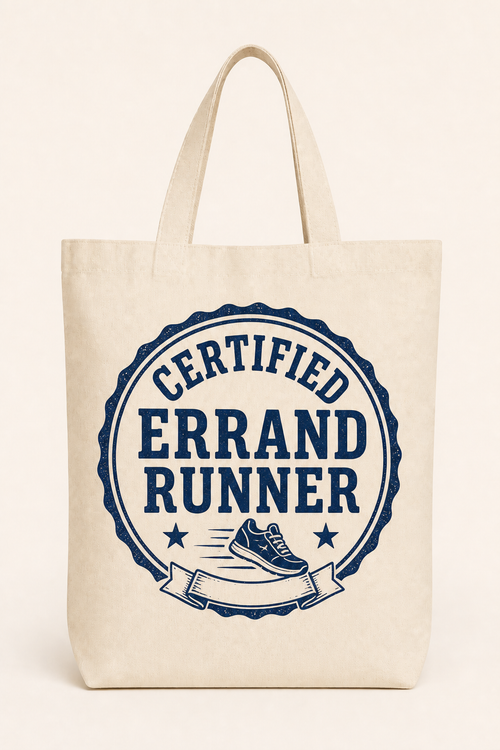 Natural canvas tote with deep navy Certified Errand Runner badge design