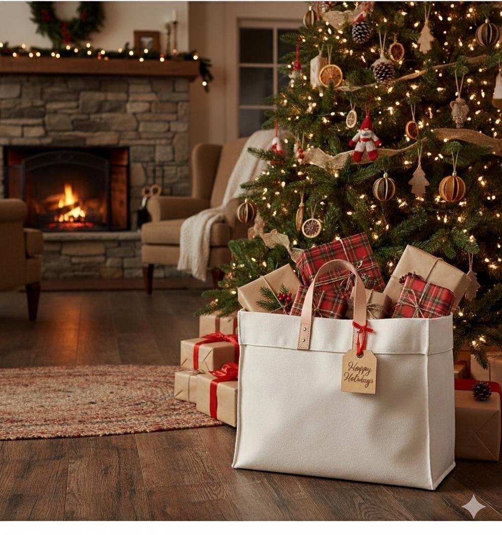 Natural canvas Heritage Tote with leather handles on a park bench