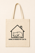 Home Is Where My Cat Is. Tote Bag natural canvas tote with one-color black cat design