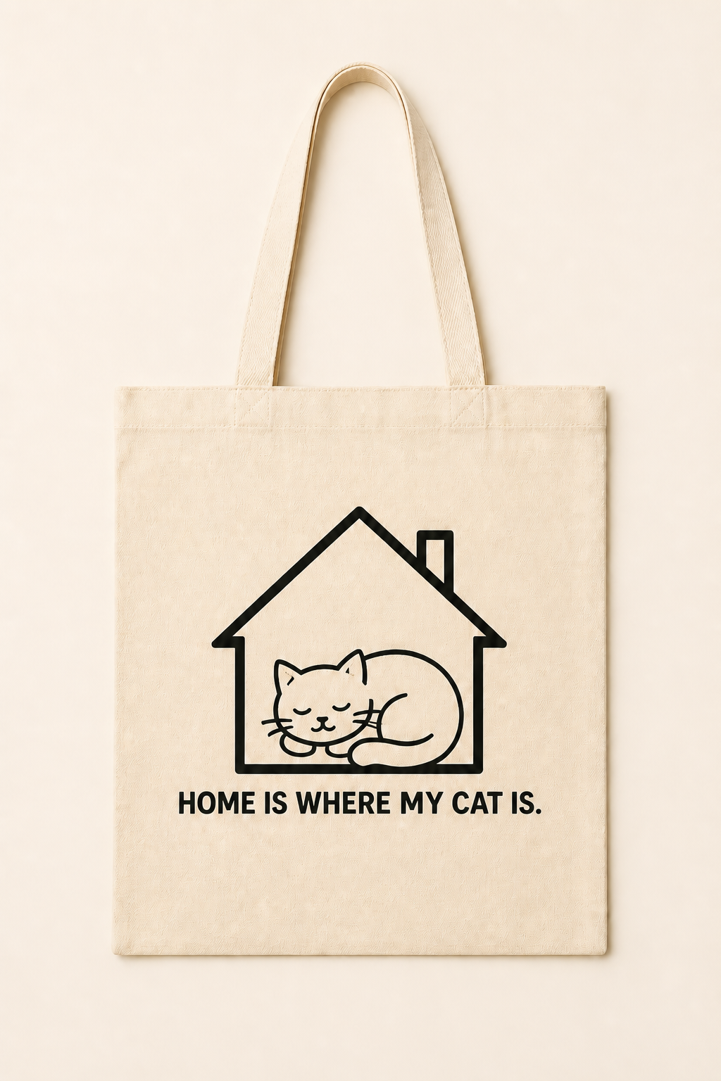 Home Is Where My Cat Is. Tote Bag natural canvas tote with one-color black cat design