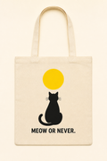 Meow or Never. Tote Bag natural canvas tote with one-color black cat design