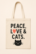 Peace, Love & Cats. Tote Bag natural canvas tote with one-color black cat design