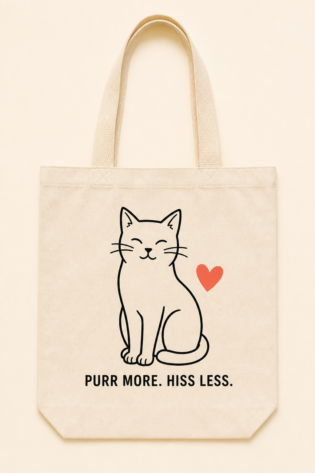 Purr More. Hiss Less. Tote Bag natural canvas tote with one-color black cat design